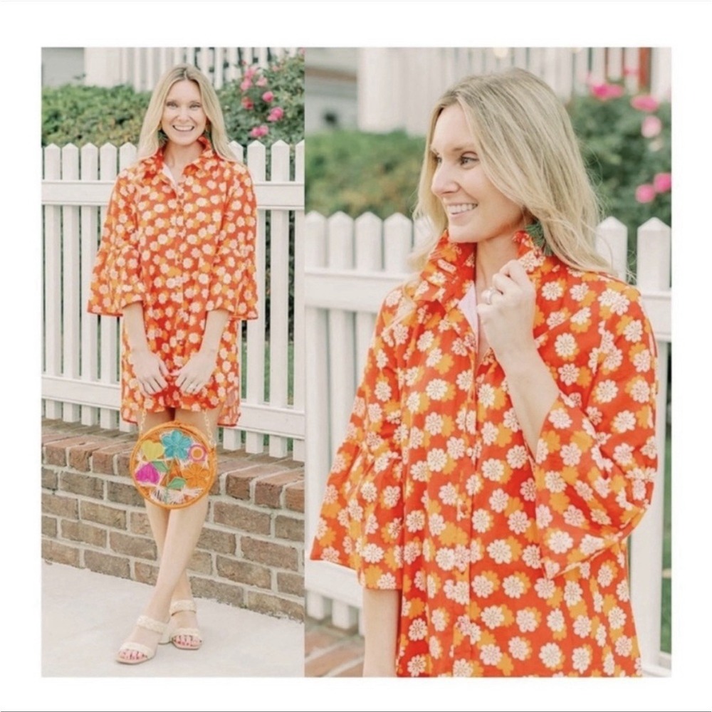 NWT Victoria Dunn Pawleys Folly Retro Shirt Dress FLORAL  XS Orange Floral Lined